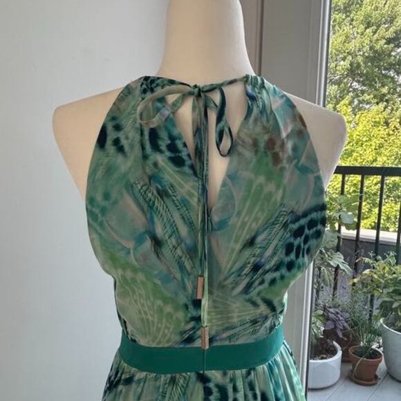 Marciano Teal Abstract Maxi Dress – Pleated Panel & Dual Front Slits, Size XS - Picture 3 of 6